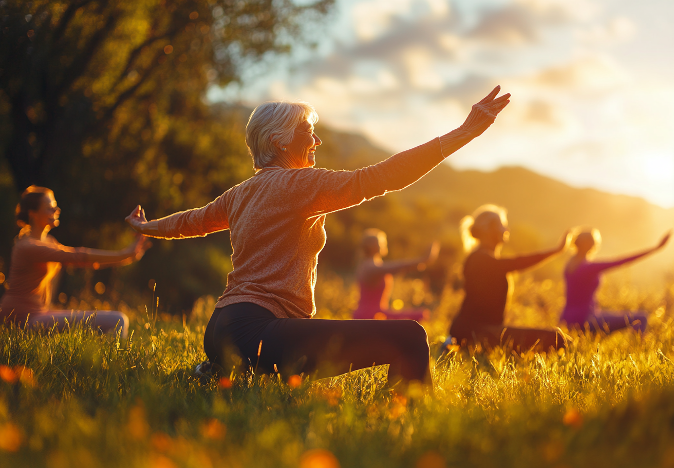 Людина середнього віку займається йогою в парку